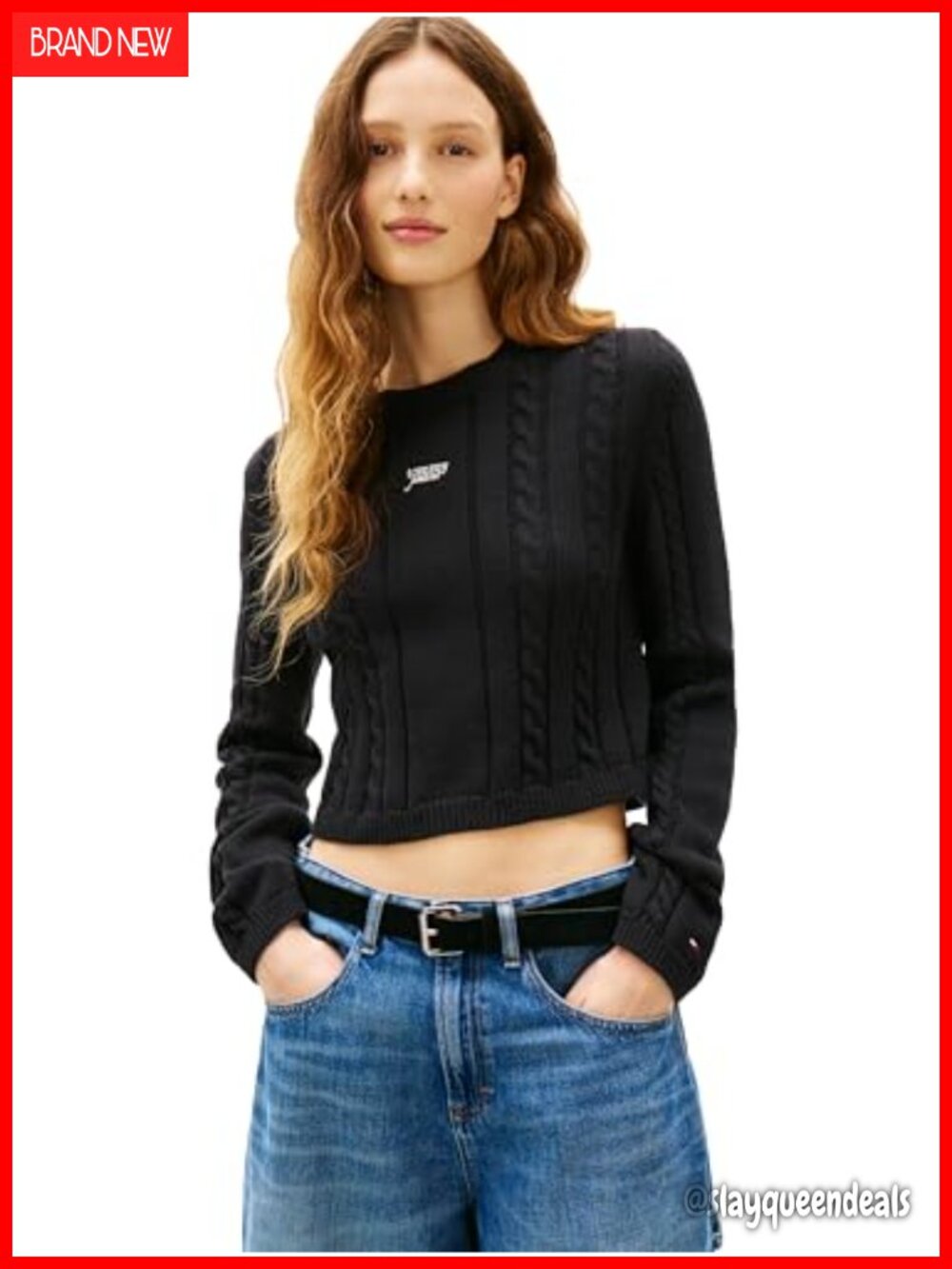 Tommy Jeans Womens Cropped Cable Crewneck Sweater Embroidered Logo